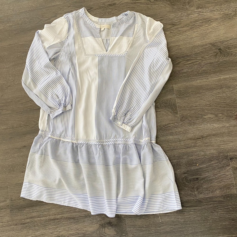 LOFT White and Light Blue Striped Mini Dress